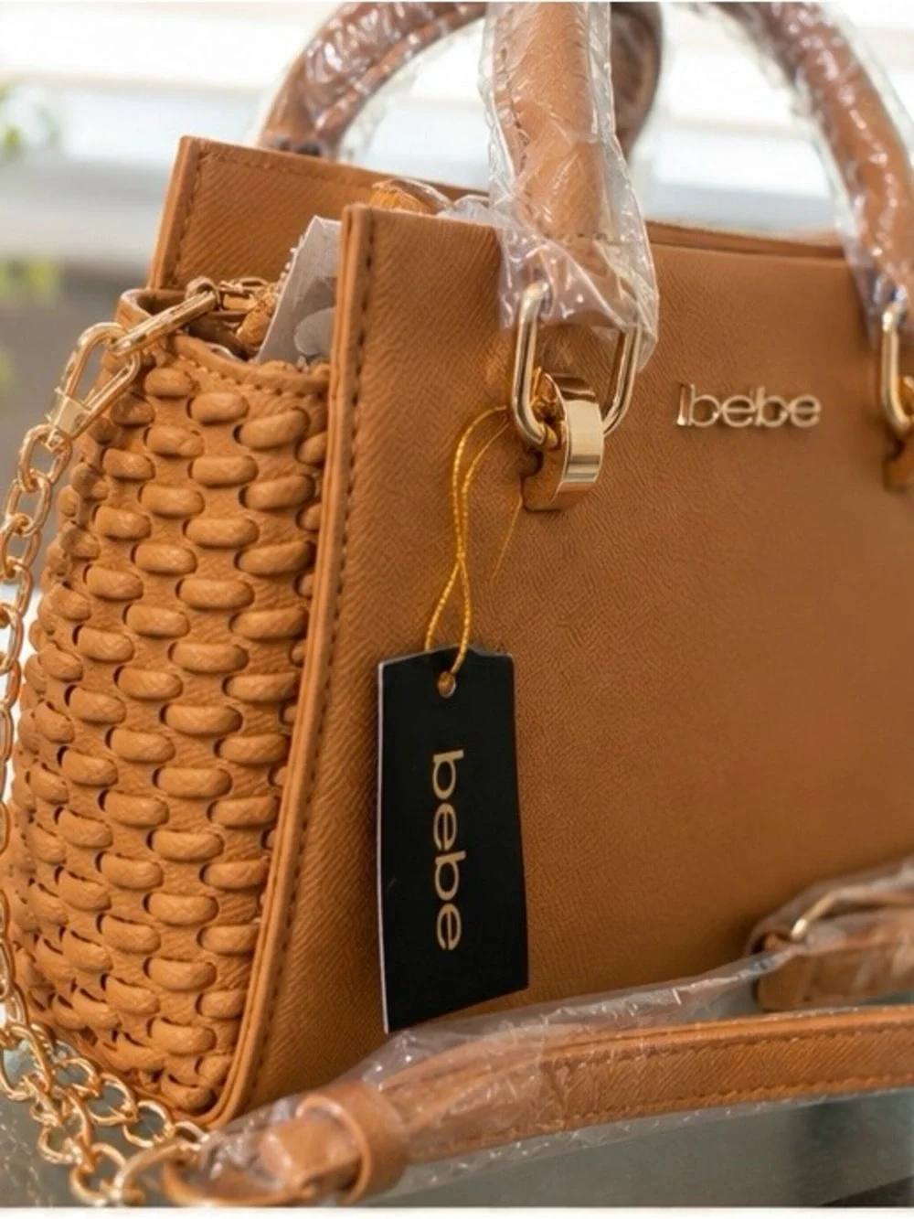bebe Tan Structured Top-Handle Satchel with Gold Hardware